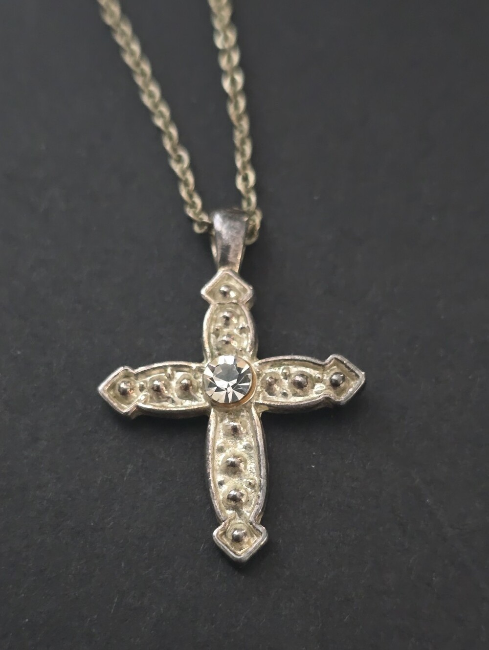 Vintage Silver Tone Cross Necklace with Clear Stone